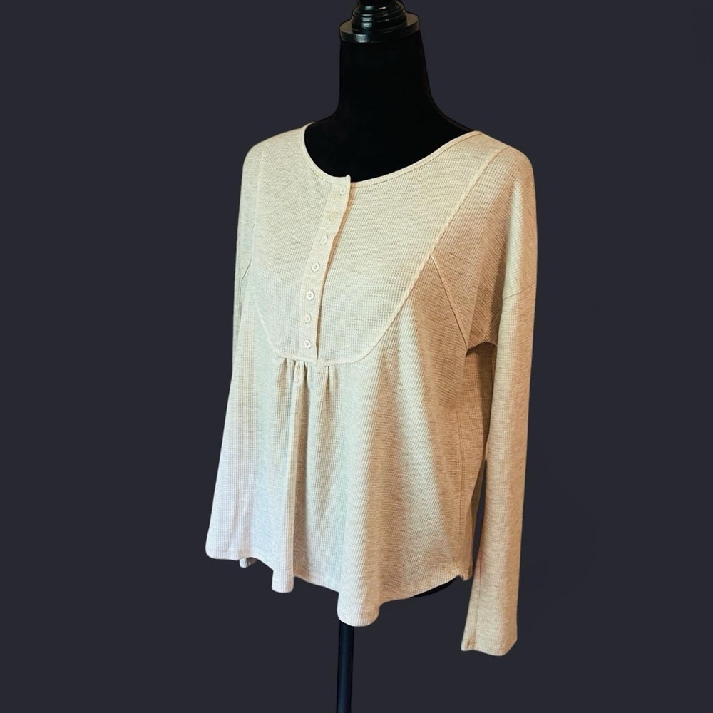 GILLI Waffle Knit Henley L Top Beige Long Sleeve Oversized Boho Cottagecore Gorp